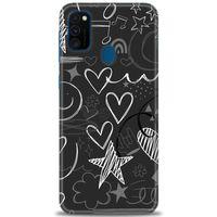 Samsung Galaxy M21 Kılıf HD Baskılı Kılıf - Siyah Kalp ve Notalar + Tam Ekran Koruyucu