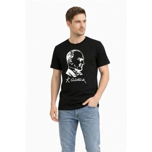 Erkek Atatürk Baskılı Tişört Kısa Kollu Bisiklet Yaka T-Shirt - Siyah