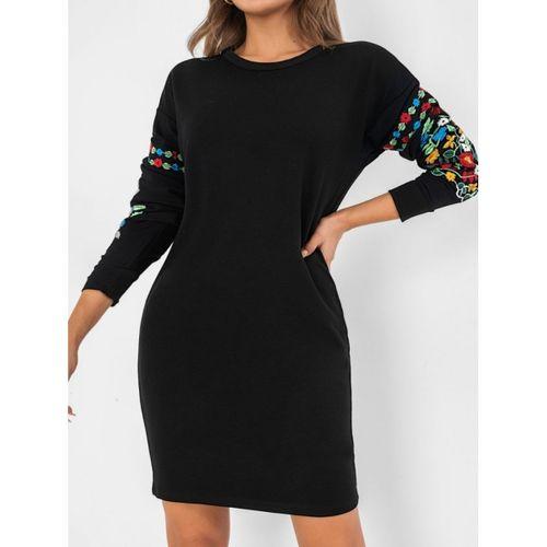 Lucky Life Kadın Iki İplik Kumaş Kolları Nakışlı Bisiklet Yaka Elbise 90cm