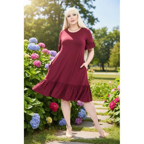 Melsay Butik Kolları Taş Baskılı Fırfırlı Kısa Kollu Bordo Kadın Midi Elbise