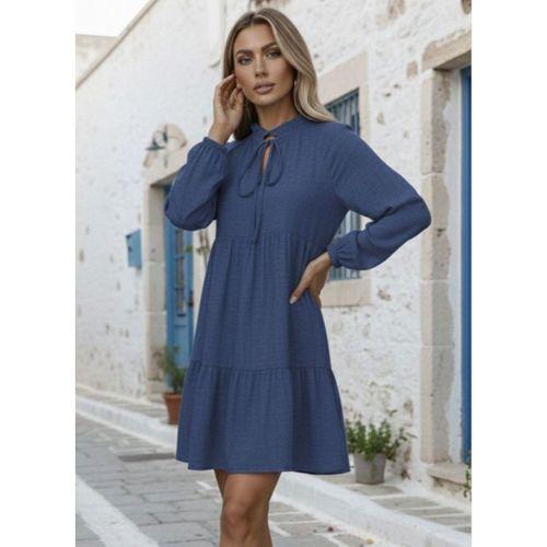 Kadın Uzun Kollu Yakadan Bağcıklı Fırfırlı Keten Mini Elbise