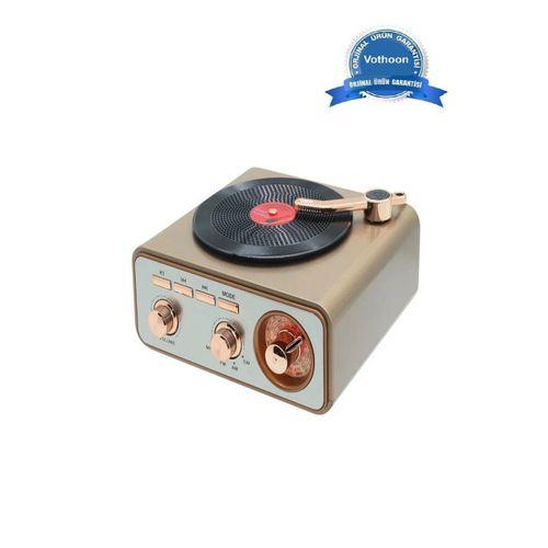 Metalik Nostaljik Tasarım Plak Çalar Görünümlü Radyolu Bluetooth Hoparlör Retro Müzik Plak
