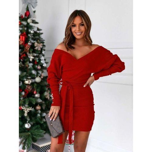 Kadın Uzun Kollu Kruvaze Yaka Bağcık Detay Akrilik Mini Boy Elbise