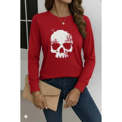 Kadın Uzun Kollu Bisiklet Yaka Kurukafa Desenli Viskon Bluz