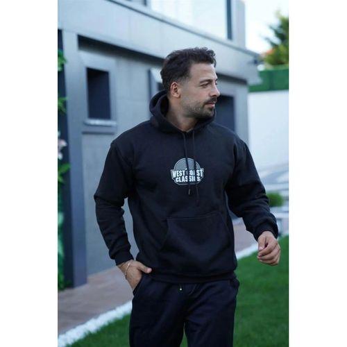 Erkek Oversize Üç İplik Kapüşonlu Sweatshirt – Siyah Sırt Ve Ön Baskılı, Kanguru Cepli, Rahat Kalıp, İçi Pamuklu ModeL-Siyah