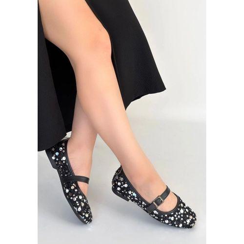 Zaty Siyah Süet Gümüş Pullu Babet Ayakkabı