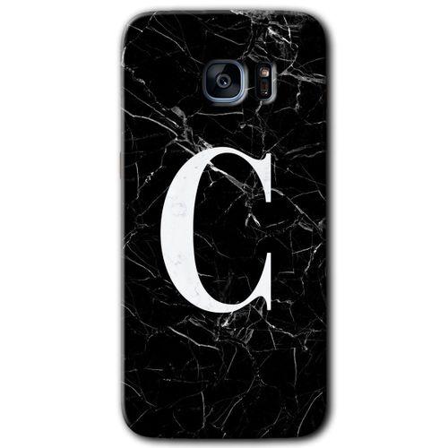 Samsung Galaxy S7 Edge HD Baskılı Kılıf + 9D Tam Ekran Koruyucu - Siyah Mermer Desenli C Harf