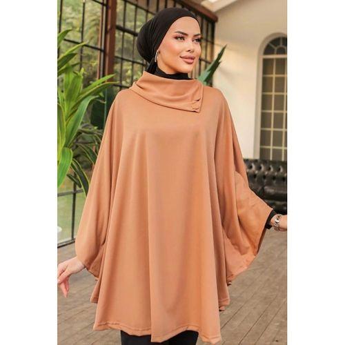 Düğme Detaylı Şık Tasarımlı Bej Şal Yaka Panço