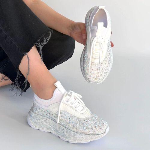 Rimay Beyaz Cilt Boncuk İşlemeli Spor Ayakkabı