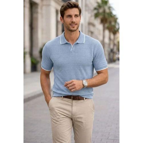 Erkek Triko Kumaş Yakalı Düğmesiz Açık Yaka Fitilli Kısa Kollu Regular Fit Tişört T-shirt - Bebek Mavisi