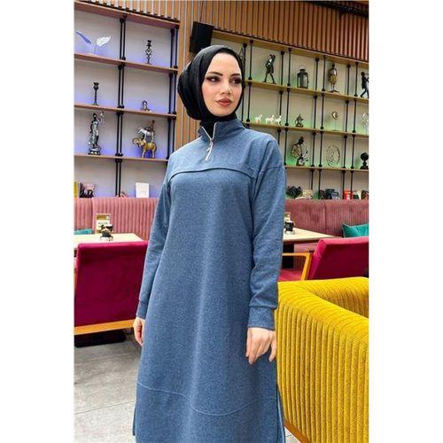 Dik Yaka Kısa Fermuarlı Yırtmaçlı Sade Basic Uzun Tunik ve Pantolon İkili Spor Takım - 03062.006 - İndigo