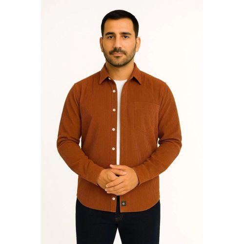 Erkek Fitilli Kadife Cepli Gömlek Oversize Rahat Kalıp - Kahverengi