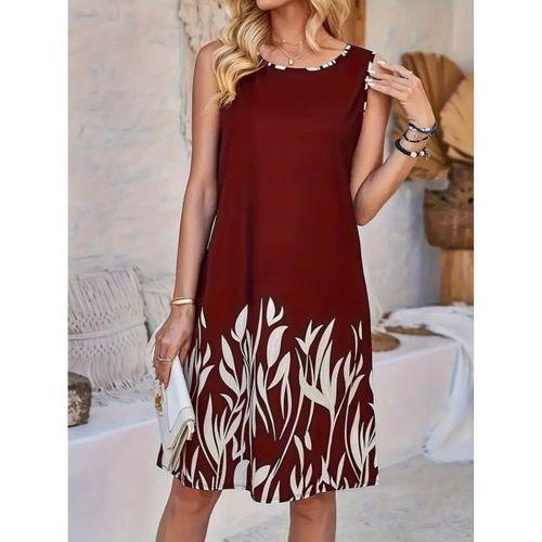 Kadın Askılı Yuvarlak Yakalı Yaprak Desenli Dalgıç Elbise