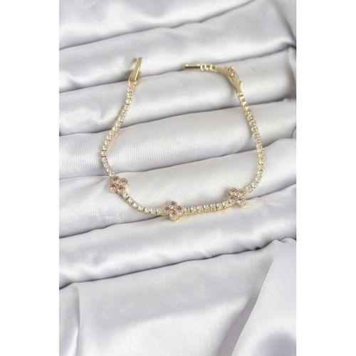 Pembe Yonca Detaylı Zirkon Taşlı Gold Renk Pirinç Su Yolu Kadın Bileklik