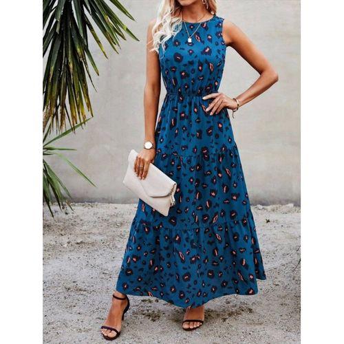 Kadın Kolsuz Bisiklet Yaka Beli Lastikli Desenli Süprem Elbise