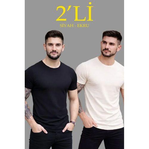 Erkek 2li Bisiklet Yaka Tişört – Kısa Kollu Yazlık Slim Fit Body - Siyah - Ekru