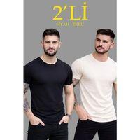 Erkek 2li Bisiklet Yaka Tişört – Kısa Kollu Yazlık Slim Fit Body - Siyah - Ekru