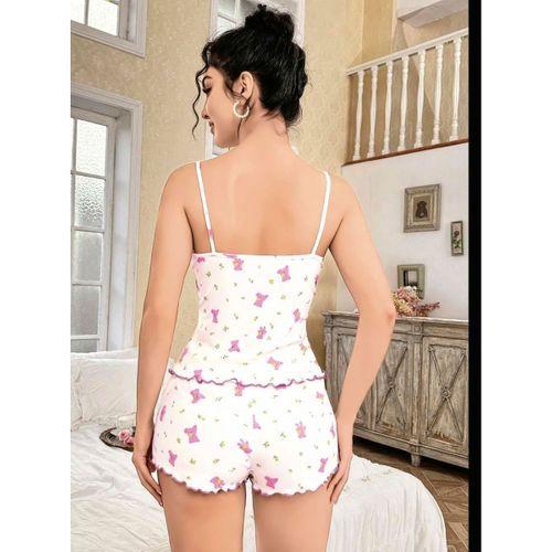 Kadın Beyaz Gül Ve Vişne Desenli Şortlu Gecelik Takım 5113