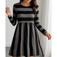 Kadın Uzun Kollu Bisiklet Yaka çizgili Desen Detaylı Süprem Mini Elbise