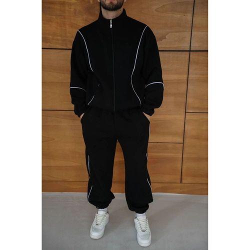 Erkek Premium Parçalı Eşofman Takım - Dik Yaka Fermuarlı Biyeli Sweatshirt Lastik Paça Alt, Oversize 3 Iplik Şardonlu - Siyah