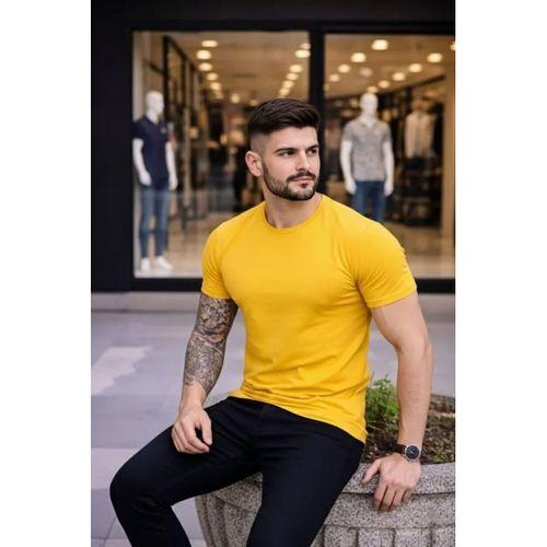 Erkek T-Shirt Bisiklet Yaka Slim Fit Dar Kesim Likralı Tişört Günlük Basic Body - Sarı