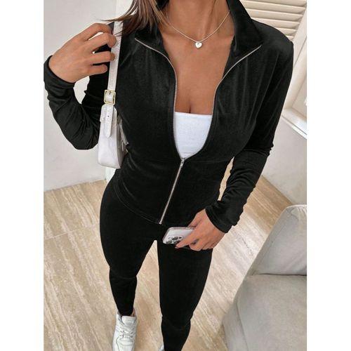 Kadın Uzun Kollu önden Fermuarlı Kadife Bluz Ve Pantolon Ikili Takım