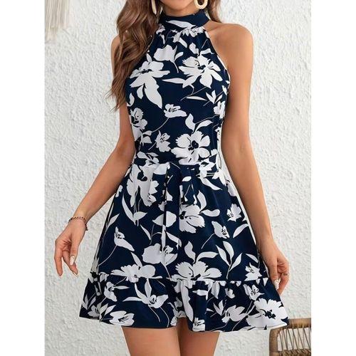 Kadın Omuzlardan Açık Balıkçı Yakalı Kuşaklı Desenli Kısa Süprem Elbise