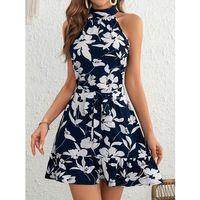 Kadın Omuzlardan Açık Balıkçı Yakalı Kuşaklı Desenli Kısa Süprem Elbise