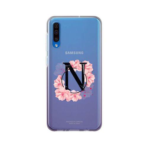 Samsung A50 Pembe Çiçek Desen N Harfli Şeffaf Kılıf