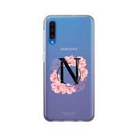 Samsung A50 Pembe Çiçek Desen N Harfli Şeffaf Kılıf