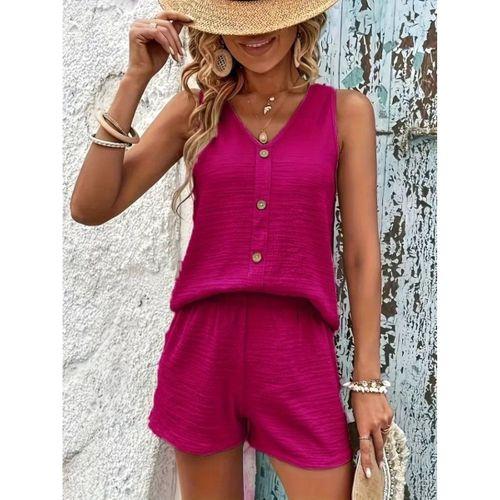 Kadın Askılı Kolsuz V Yakalı önden Düğmeli Bürümcük Bluz Ve Short Ikili Takım