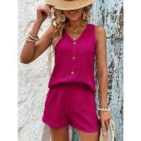 Kadın Askılı Kolsuz V Yakalı önden Düğmeli Bürümcük Bluz Ve Short Ikili Takım