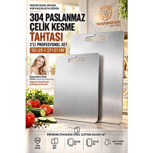 18/10 304 Çelik 2 Boy Kesme Tahtası  Hijyenik Hamur Et Doğrama Tahtası Şef Tipi Mutfak Tezgah Üstü Mat Pad  721821