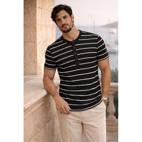 Kristof Pike Kumaş Regular Fit Düğmeli Yaka Kendinden Çizgili T-Shirt - Siyah