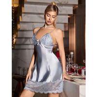 Vizon Dantel Detaylı İnce Askılı Saten Kısa Fantezi Gecelik