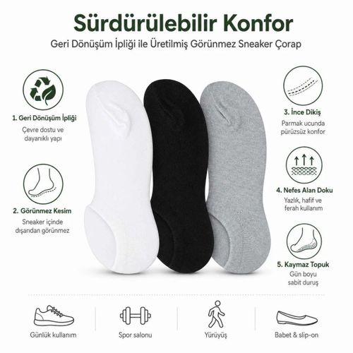 Erkek Görünmez Sneaker Babet Çorap 6'lı | Geri Dönüşüm İplikli, Kaymaz Topuk, Siyah Gri Beyaz