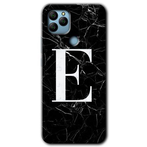 General Mobile GM 22 Kılıf HD Desen Baskılı Arka Kapak + Temperli Cam - Siyah Mermer Desenli E Harfi