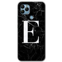 General Mobile GM 22 Kılıf HD Desen Baskılı Arka Kapak + Temperli Cam - Siyah Mermer Desenli E Harfi