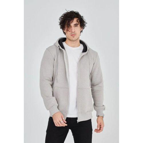 Erkek Kapüşonlu Düz Fermuarlı Hırka - Boyalı Gri