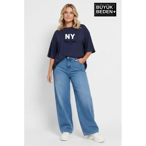 Süperlife Kadın Büyük Beden NY New York  Baskılı 3xl-6xl Bisiklet Yaka Tshırt SPR26BTSK510-15