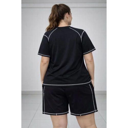 Battal Beden Kısa Kollu Tişört Şort Takım Kontrast Dikiş Detaylı Günlük Ev Giyimi - Siyah