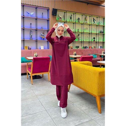 Dik Yaka Kısa Fermuarlı Yırtmaçlı Sade Basic Uzun Tunik ve Pantolon İkili Spor Takım - 03062.009 - Bordo