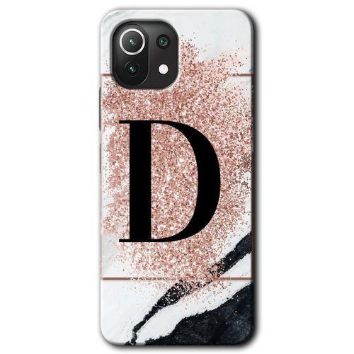 Xiaomi Mi 11 Kılıf HD Desen Baskılı Arka Kapak + Temperli Cam - Pembe Mermer Desenli D Harfi