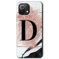 Xiaomi Mi 11 Kılıf HD Desen Baskılı Arka Kapak + Temperli Cam - Pembe Mermer Desenli D Harfi