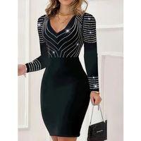 Kadın Uzun Kollu V Yakalı Taşlı Mini Ithal Krep Elbise