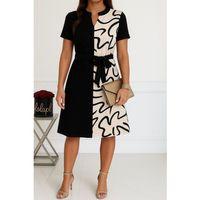 Kadın Kısa Kollu V Yakalı çift Renkli Desenli Beli Kuşaklı Atlas Elbise