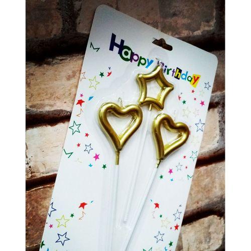 VIP GOLD HEART CANDLE 2 ADET METALİK GOLD KALPLİ PASTA MUMU 1 ADET YILDIZ MUM KALPLİ DOĞUM GÜNÜ MUMU
