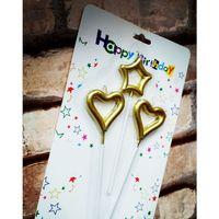 VIP GOLD HEART CANDLE 2 ADET METALİK GOLD KALPLİ PASTA MUMU 1 ADET YILDIZ MUM KALPLİ DOĞUM GÜNÜ MUMU