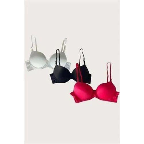 Beyaz-siyah-kırmızı 3'lü Mikro Kumaş Push Up Dolgulu Balenli Günlük Destekli Sütyen