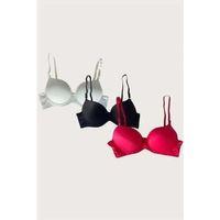 Beyaz-siyah-kırmızı 3'lü Mikro Kumaş Push Up Dolgulu Balenli Günlük Destekli Sütyen